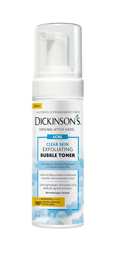 Dickinsonโs Witch Hazel Exfoliating Bubble Toner with 0.5% Salicylic Acid, Glycolic Acid & Niacinamide | Clears Pores, Smooths Texture, Brightens Skin | Alcohol-Free, Fragrance-Free | 5 Fl Oz