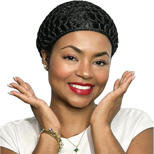 Tubi Mesh Crochet Hair Net Knit Snood Hat Thick Short Women Hairnet Wrap Doobie Snoods Cover Ornament for Sleeping (Black)