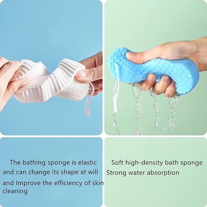 2 Piece Ultra Soft Exfoliating Bath Sponge,Soft Bath Body Shower Sponge,Spa Scrub Exfoliator Dead Skin Remove,3D Bath Sponges for Shower,Reusable Bath Sponge for Adults Children (Grey+White)