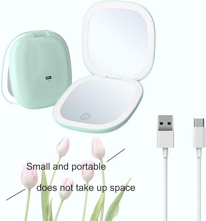 Makeup Mirror with Lights - Dual-Sided Green LED Pocket Mirror, 1X/5X Magnifying Travel Mirror, 3 Light Modes, Rechargeable Handheld Mirror for On-The-Go Makeup, Grooming, and Gifts