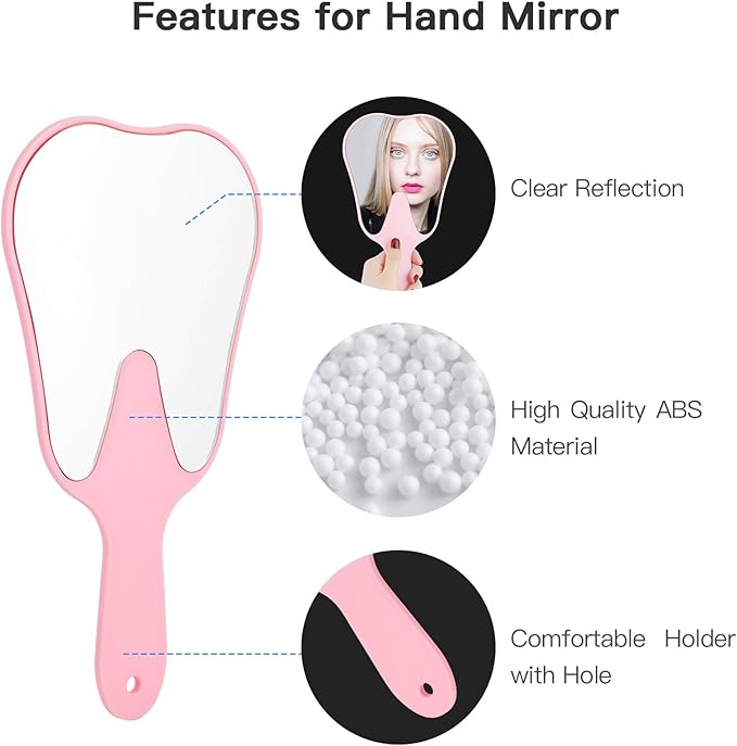 Annhua Tooth Shaped Mirror Hand Mirrors with Handle Pink, Face Mirrors Small Makeup Mirror Cute for Dental Clinic, Salon, Barber or Hairdressing - Plastic & Glass