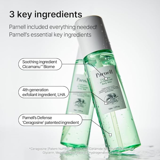 Parnell Cicamanu pH Balanced Body Mist - Centella Asiatica, Hyaluronic Acid, Ceramide, LHA, PHA, Mild Exfoliating, Soothing and Moisturizing Mist for Body, Back Acne and Bacne (5.07 Fl Oz / 150ml)