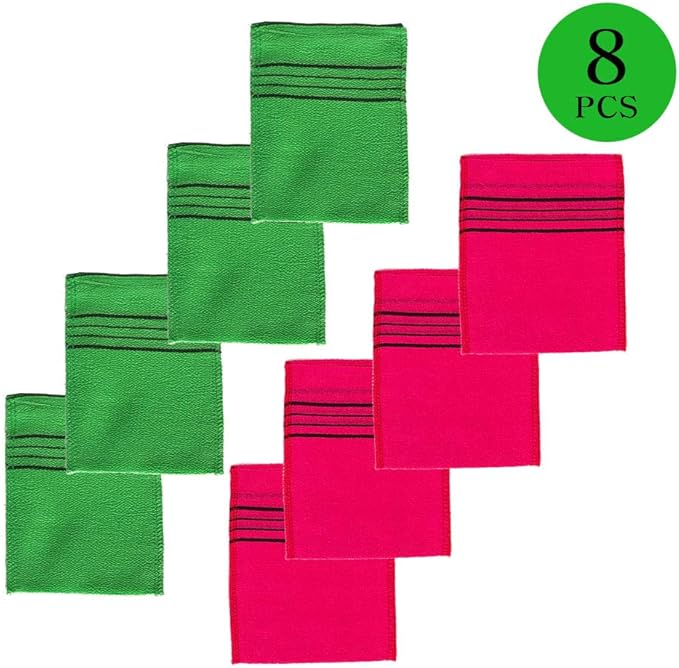 Korean Asian Exfoliating Bath Washcloth Mitt for Remove Dead Skin.Exfoliating Body Scrubber.Exfoliating Gloves for Body Scrub (Green4 Red4)