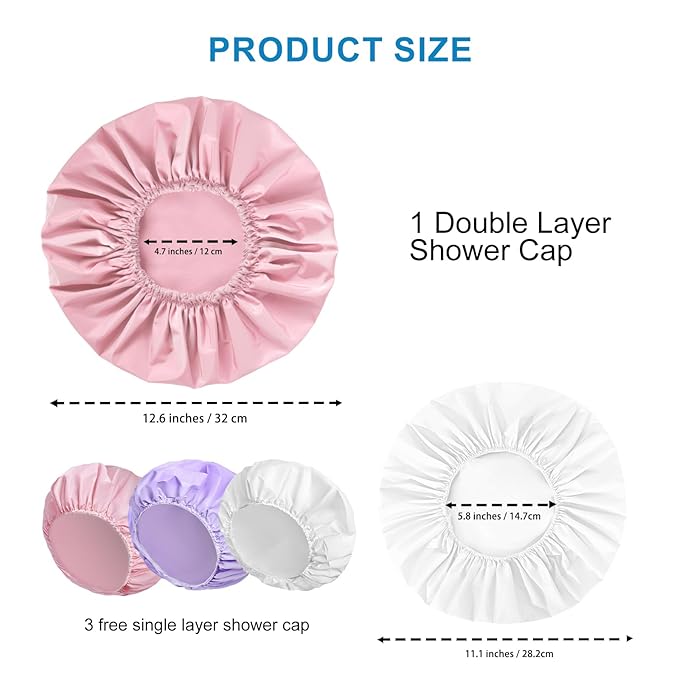 Shower Cap for Women Set of 4, 1 Double-Layer Waterproof Bath Cap + 3 Single-Layer Waterproof Shower Caps β Reusable Hair Protector, TPU Coated Elastic Bathing Cap for Women & Men - Pink