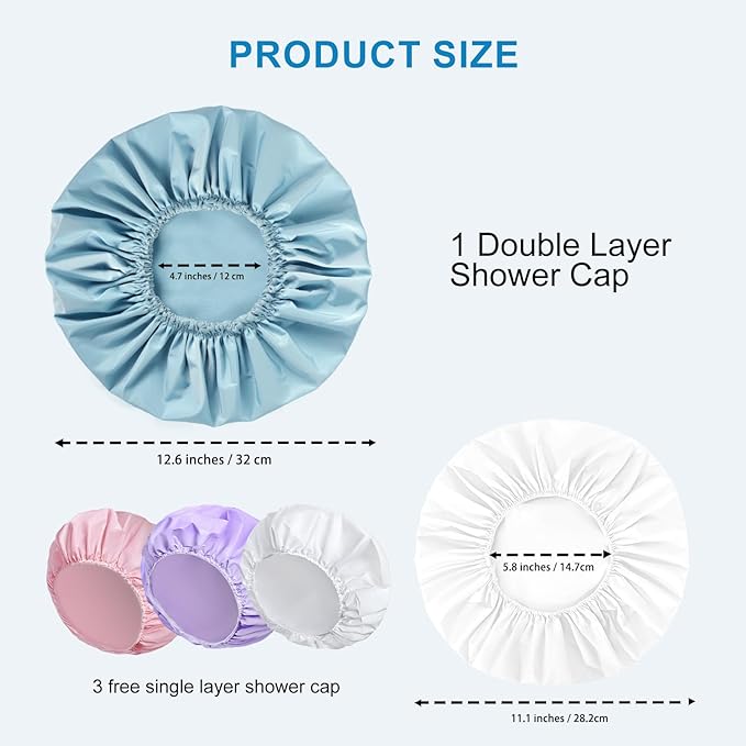 Shower Cap for Women Set of 4, 1 Double-Layer Waterproof Bath Cap + 3 Single-Layer Waterproof Shower Caps β Reusable Hair Protector, TPU Coated Elastic Bathing Cap for Women & Men - Blue