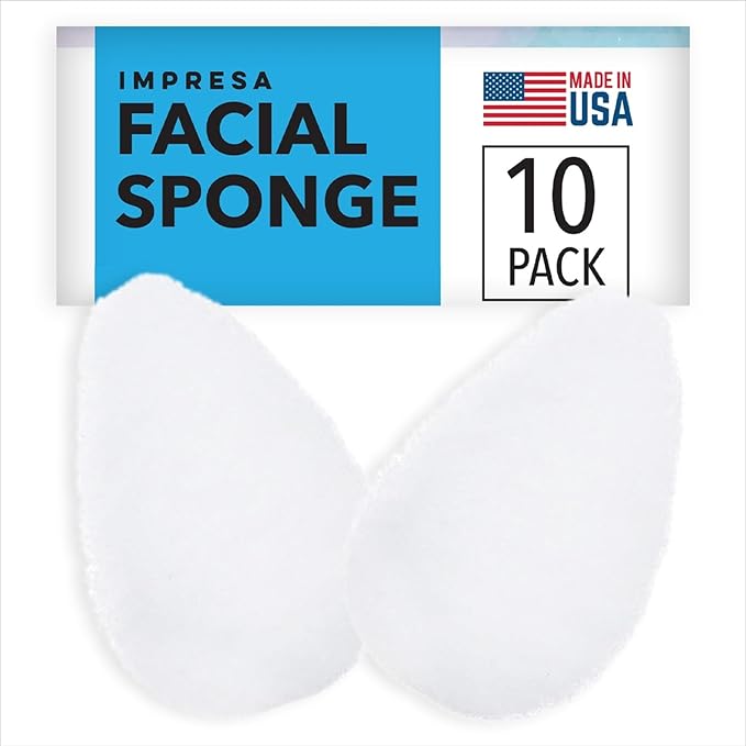 IMPRESA 10 Pack Facial Sponge for Daily Deep Cleansing - Regular Buff Style Exfoliating Pads for Removing Dead Skin, Dirt & Makeup - Normal to Oily - Made in The USA - Reusable Puf - White