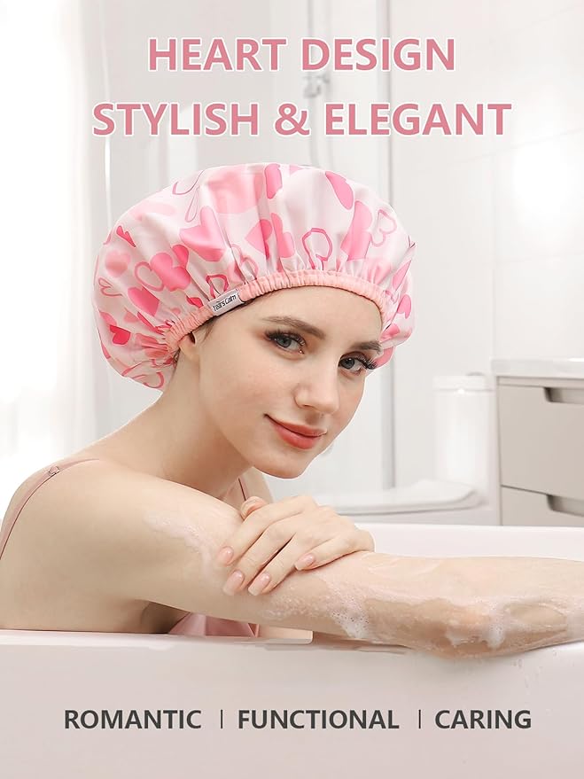 Years Calm Shower Caps For Women Reusable Waterproof,Pattern And Solid Color Dual-Layer Design For Dual-Layer Usable,Protects Hair In Shower, Spa, Cooking, Clean & Travel (Pink, Extra Large)