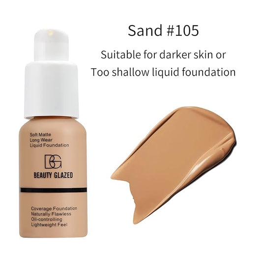 Beauty Glazed Soft Matte Silky Full Coverage Liquid Foundation - Multi-Use Buildable, Lightweight Feel, Oil Control, Longwear, Naturally Flawless Coverage (105 Sand)