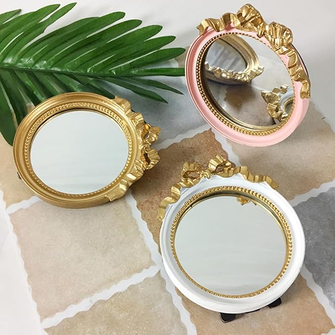 1pc Round Portable Makeup Mirror with Bowknot Design Elegant Resin Small Mirror for Women Travel-Friendly Compact Vanity Colors