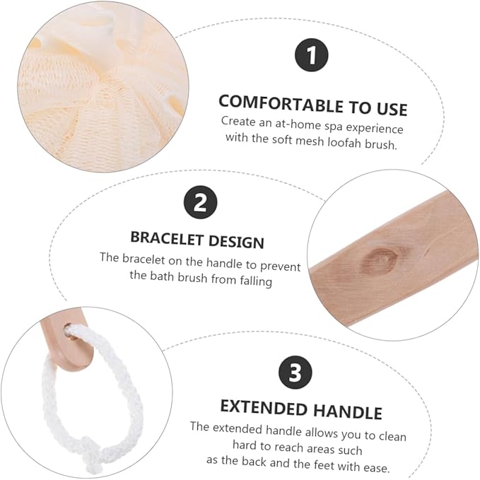 3pcs Bath Sponge Brush Handle Exfoliating Scrubber for Shower Mesh Pouf Back Brush for Men and Women for Easy Cleaning of Hard Reach Areas Travel-Friendly and