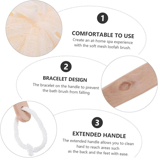 3pcs Bath Sponge Brush Handle Exfoliating Scrubber for Shower Mesh Pouf Back Brush for Men and Women for Easy Cleaning of Hard Reach Areas Travel-Friendly and