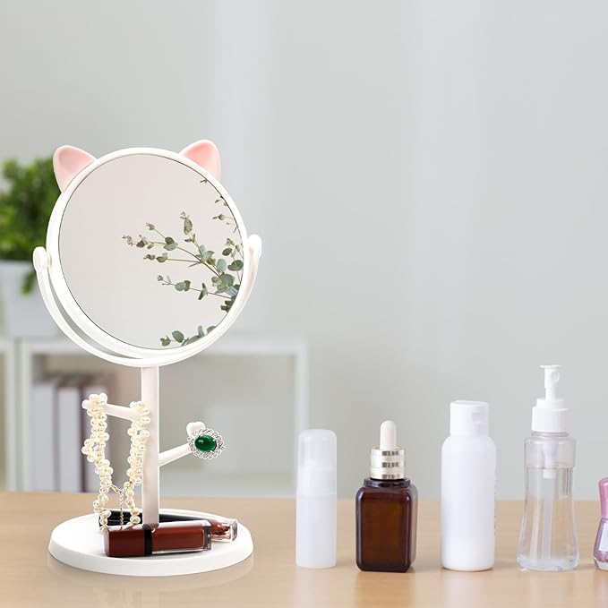 4 Pack Cute Desk Mirrors, Rotatable Makeup Mirror in Cat Ears, 6 Inch Vanity Mirror with Storage Tray, High Definition Cosmetic Mirrors, Tabletop Dresser Mirror with Stand for Bedroom Spa Party
