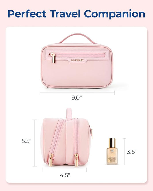 BAGSMART Travel Makeup Bag, Make Up Bag with Multiple Compartments for Organizer, Compact & Durable Cosmetic Organizer for Women for Travel Accessories (Pink