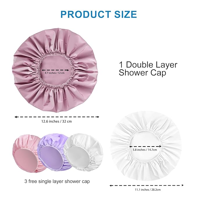 Shower Cap for Women Set of 4, 1 Double-Layer Waterproof Bath Cap + 3 Single-Layer Waterproof Shower Caps β Reusable Hair Protector, TPU Coated Elastic Bathing Cap for Women & Men - Purple