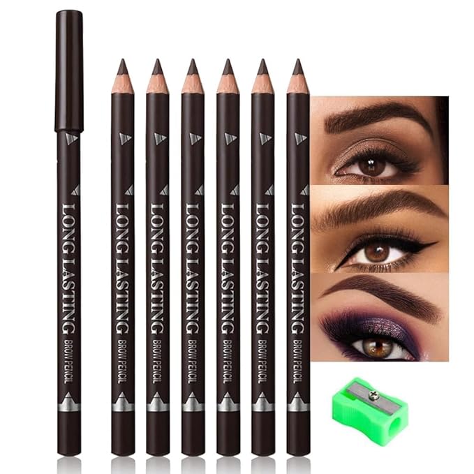 6Pcs Brow Pencil Set with Pencil Sharpener – Wooden Hard-Core Eyebrow Pencils, Perfect for Eye Brows and Eyeliner, Waterproof & Sweat-Proof for Beginner makeup (Dark Brown, Pack of 6)