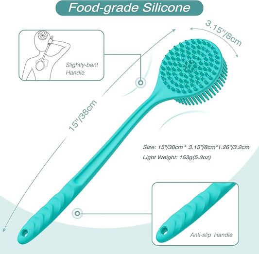 Manmihealth Silicone Back Scrubber for Shower(Thick Bristles), Body Scrubber with 15'' Long Handle, Light & Easy-to-Hold Shower Brush for Skin Exfoliating and Massaging, Not Good in Lathering. (Blue)