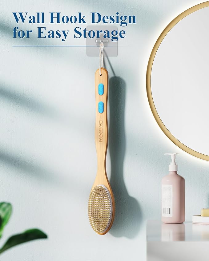 POPCHOSE Back Scrubber for Shower, Long Handle Soft and Stiff Bristles Shower Brush, Dry Brushing & Wet Exfoliation for Shower, Durable Bath Brush for Body, Back Washer for Shower for Women & Men