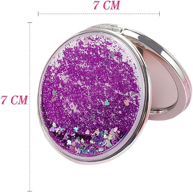 AKOAK 1 Pack Compact Mirror, Portable Quicksand Pocket Travel Makeup Mirror, Folding Hand-held Double Sided 1x/2x Magnifying Glass, Great Gift for Women and Girls (Purple)
