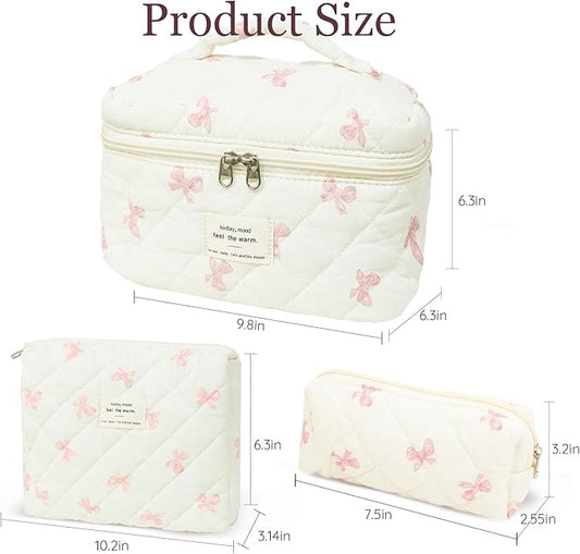 3Pcs Cotton Quilted Makeup Bag Set,Large Floral Cosmetic Bag,Aesthetic Toiletry Travel Makeup Bag Set and Cute Flower Bag for Women Girls (White Pink Bow)