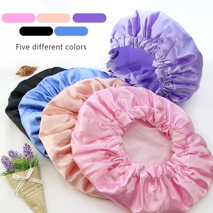 5 Pack Breathable Satin Shower Caps Double Layers Bathing Hat Reusable Shower Cap for Women EVA Elastic Caps Waterproof Bath Hair Hat