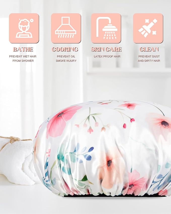 Auban Terry Lined Reusable Large Shower Cap for Women, 3 Layer Waterproof Hair Cap