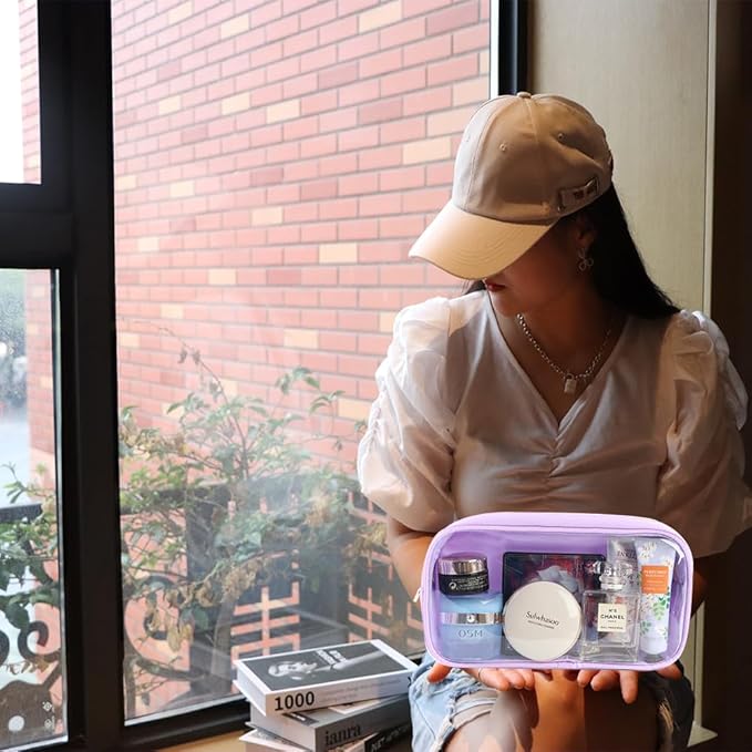 Medium Preppy Transparent Makeup Pouch Women Travel Clear TPU and Nylon Cosmetic Pouch (Medium, Purple)