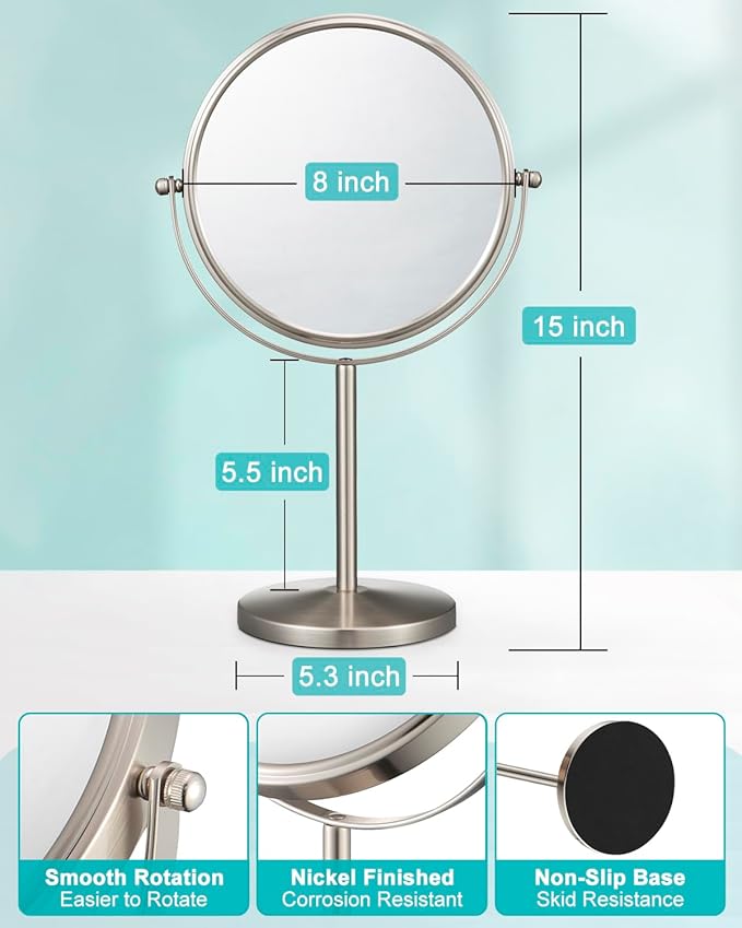 ALHAKIN 1X/15X Magnifying Mirror, Double Sided Makeup Mirror with Stand for Desk, 8 Inch Vanity Tabletop Mirror with 360Β° Rotation Portable for Bathroom Bedroom, Nickel