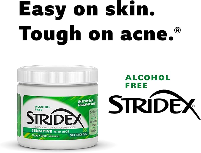 Stridex Medicated Acne Pads, Sensitive, 55 Count β Facial Cleansing Wipes, Alcohol Free Face Treatment, For Mild to Moderate, Smooth Application