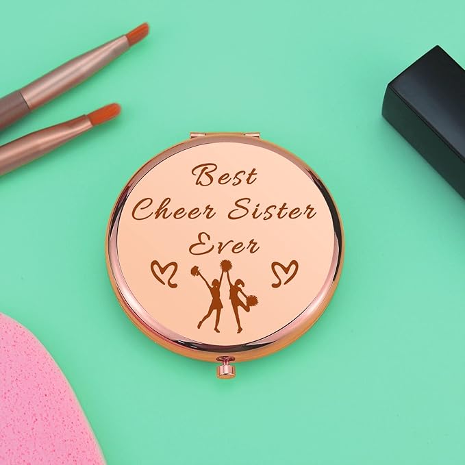 Cheer Gifts for Girls Sister Friendship Gift Rose Gold Compact Mirror for Cheer Team Cheerleader Cheerleading Gifts for Cheer Friend Folding Makeup Mirror for Cheer Sister Birthday Retirement Gifts