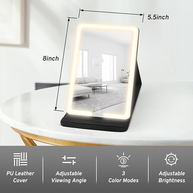 Travel Makeup Mirror with Lights, PU Leather Cover Vanity Mirror with 3 Light Settings, Rechargeable 1500mAh Lighted Makeup Mirror Portable Ultra-Slim LED Cosmetic Mirror of 8x5.5inch