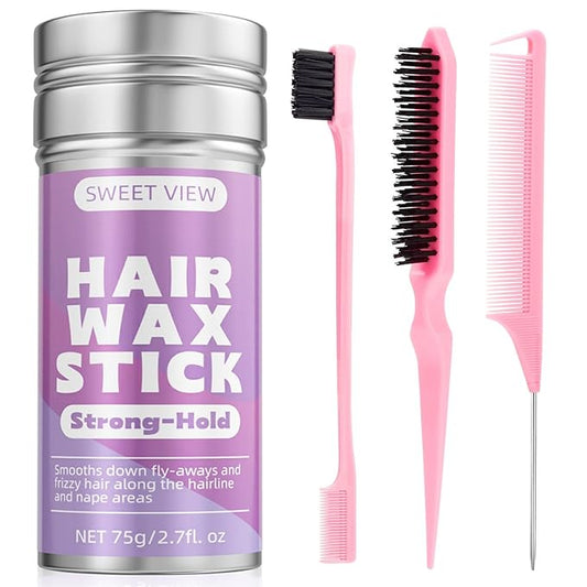 Hair Wax Stick & Slick Back Hair Brush for Tame Flyaways, Frizz, Sleek Ponytail, Buns | Pomade/Balm/Gel Stick for Woman, Styling Accessories for Girls, Kids