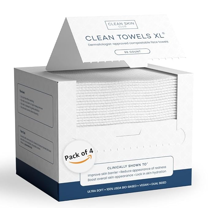 Clean Skin Club Clean Towels XLβ’, 100% USDA Biobased Face Towel, Disposable Face Towelette, Eczema Association Accepted, Makeup Remover Dry Wipes, Ultra Soft, 200 Ct, 4 Pack