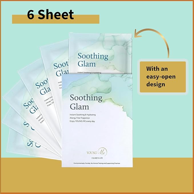 YoungMe Soothing Glam Facial Sheet Mask β 6-Pack | Hydrating & Moisturizing Korean Skin Care for Sensitive & All Skin Types
