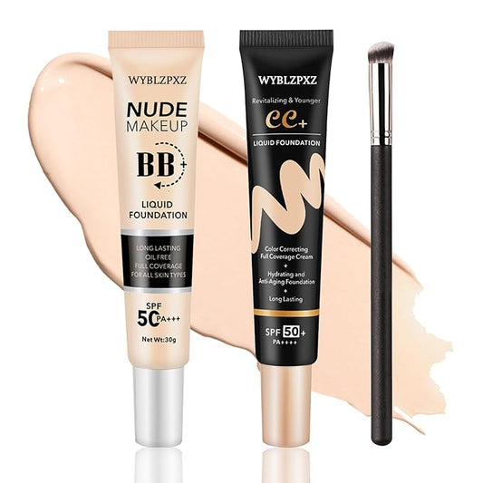 2PCS Full Coverage Liquid Foundation Makeup Brush Set,Moisturizing BB Cream,Oil Control Hydrating CC Cream Foundation Makeup,Waterproof Concealer Full Coverage Foundation for Women