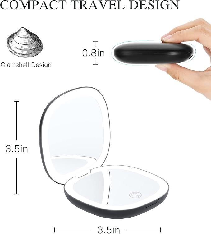 Compact Travel Makeup Mirror,1X/10X Magnifying Double Sided 3 Colours & Brightness Dimmable USB Rechargeable Touch Screen Portable LED Cosmetic Mirror for Travel/Purse/Office,Black