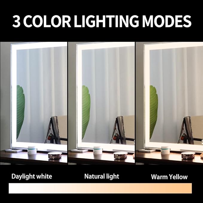 ANYHI Large Vanity Mirror with LED Light, 36.2" x 26.8"Hollywood Lighted Makeup Mirror, Tabletop/Wall Mirror for Bedroom & Makeup Room, Smart Touch Control, 3 Color Modes, Silver