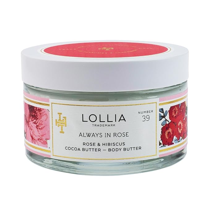 LOLLIA Always in Rose Body Butter, 5.5 oz. - Rose & Hibiscus Fragrance β Shea Butter & Cocoa Butter, Body Lotion for Women, Hydrating & Smooth Body Moisturizer