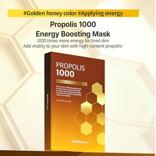 WELLDERMA Propolis 1000 Energy Boosting Sheet Mask β 5 Sheets | Korean Face Mask for Hydration, Vitality & Radiant Care | Infused with Propolis Extract 1,000ppm & Honey