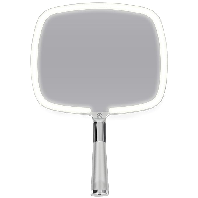 MIRRORVANA Lighted Travel Makeup Mirror - 2 in 1 Hand Mirror & Table Mirror with 3 Lighting Modes, Detachable Stand and Comfy Handle - 9" x 13" (Shiny Silver)