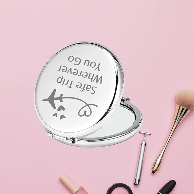 CHOORO Safe Travels Pocket Mirror Safe Trip Wherever You Go Airplane Wanderlust Gift for Traveler/Flight Attendant (Safe Trip-M)