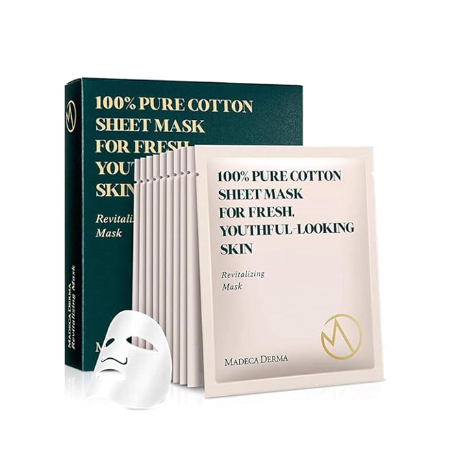 Madeca DERMA Revitalizing Sheet Mask 10pcs (100% Pure Cotton Sheets) with Centella Asiatica, Hyaluronic Acid, and Niacinamide – Korean Skincare for Hydration & Skin Brightening for All Skin Types