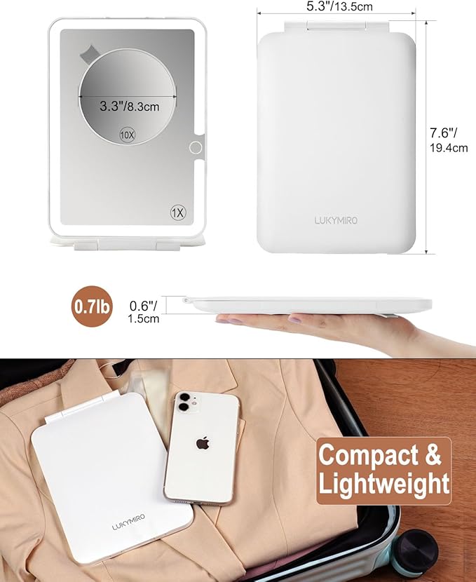 Rechargeable Travel Makeup Mirror with Lights, Portable Lighted Vanity 10X Magnification, 70 LEDs 3 Color Dimmable Touch Screen, Tabletop Folding Compact Cosmetic (White With 2000mah Battery)
