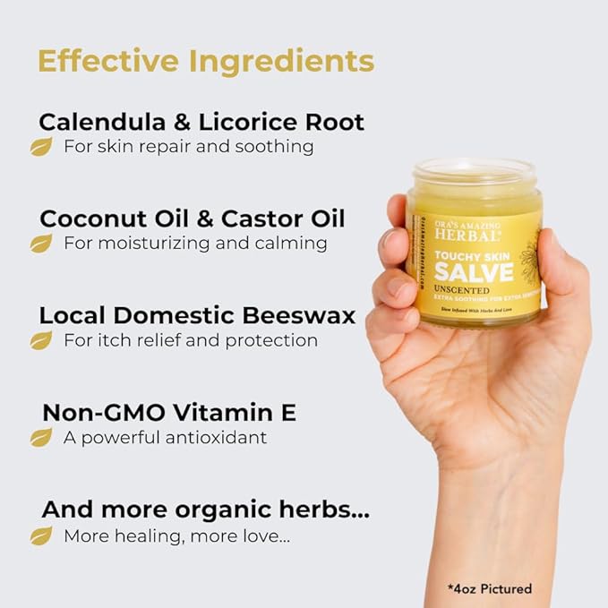 Touchy Skin Salve, Eczema Cream for Kids and Adults, Natural Sensitive Skin Treatment, Itch Cream, Calendula Ointment, 4 oz