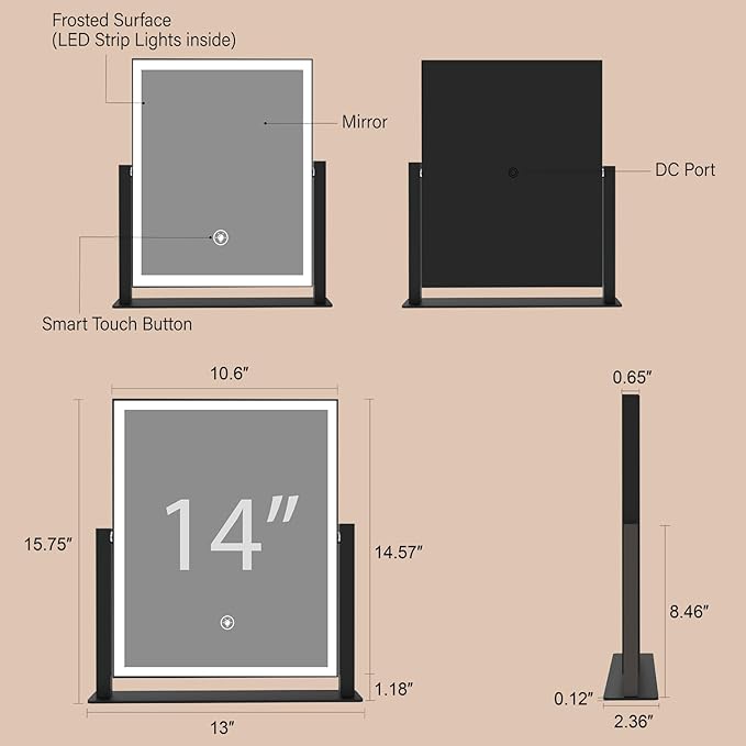 15.75x13 Black LED Vanity Mirror with Lights Desktop Makeup Mirror,3 Color Modes,Dimmable Touch Control, 360Β° Rotation,Lighted Cosmetic Mirror, for Teen Girls
