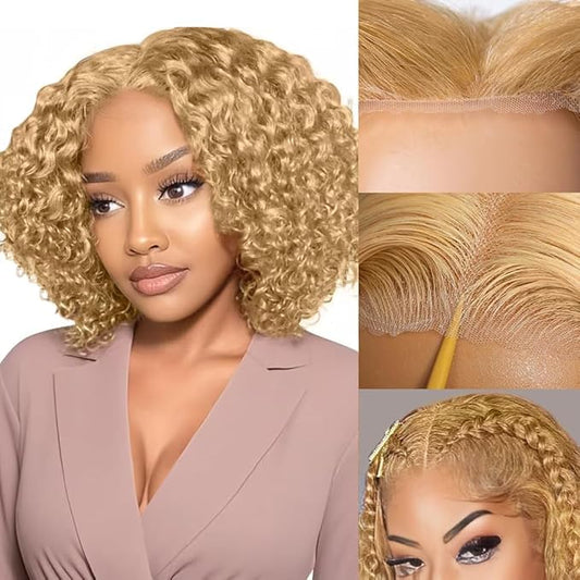 FABA Glueless Wigs Human Hair Pre Plucked Pre Cut Bob Blonde Curly Wig 9x6 Wear And Go Honey Blonde Deep Wave Closure Wig 180% Density Short Curly 12 Inch
