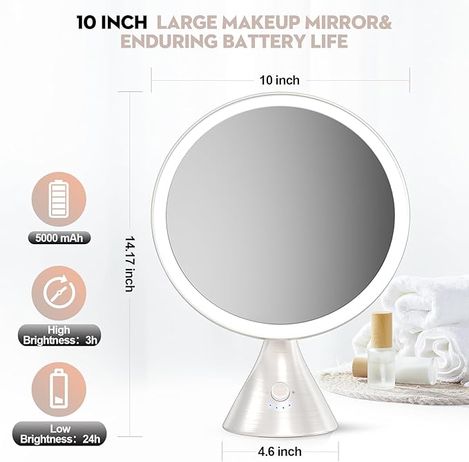 10'Large Lighted Makeup Mirror with 7X Magnification Mirror,3 Colors & 10 Brightness,Magnifying Mirror with Light for Makeup Vanity,5000mAh,Pearl Nickel,Gifts Box (Nickel)