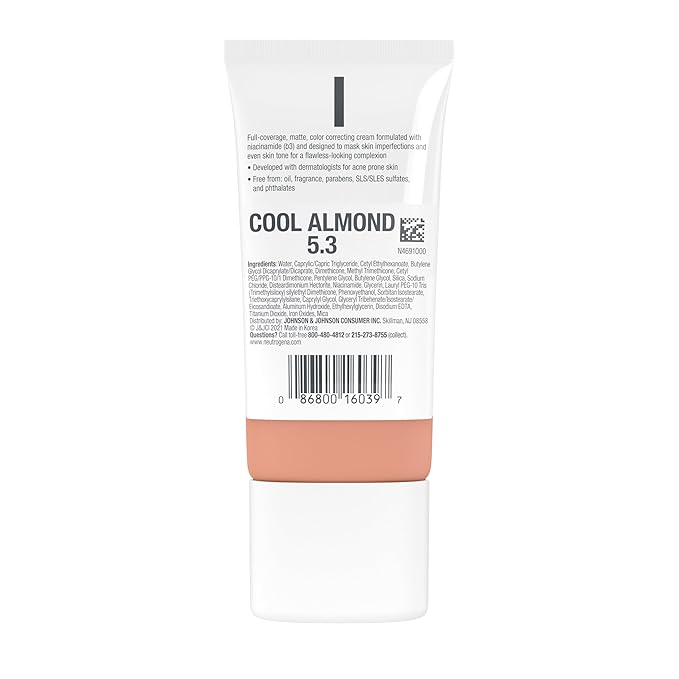 Neutrogena Clear Coverage Flawless Matte CC Cream, Full-Coverage Color Correcting Cream Face Makeup with Niacinamide (b3), Hypoallergenic, Oil Free & Fragrance Free, Cool Almond, 1 oz