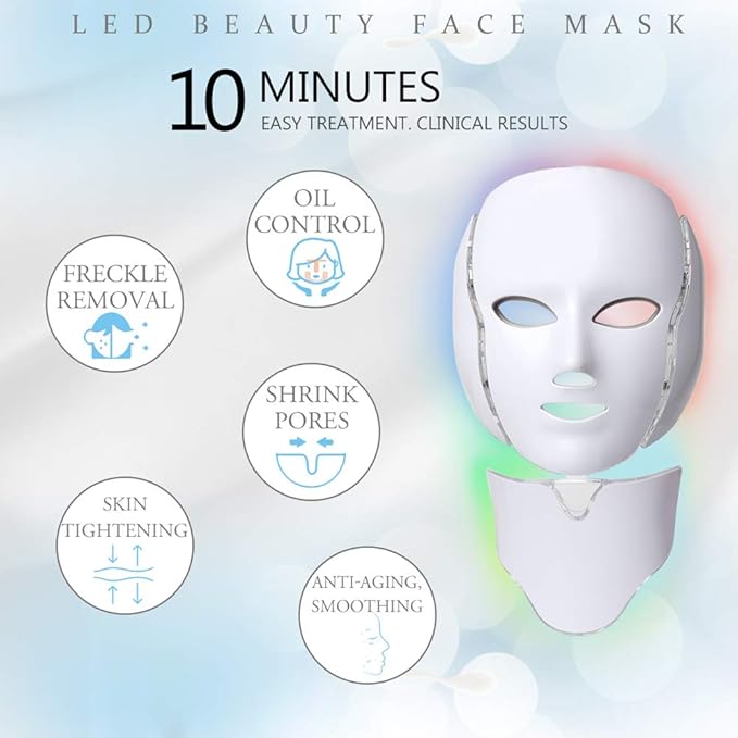 LED Face MΓ’sk Light Therapy | 7 Color Skin Rejuvenation Therapy LED Photon MΓ’sk Light Facial Skin Care Anti Aging Skin Tightening Wrinkles Toning MΓ’sk (For face & neck). (White)
