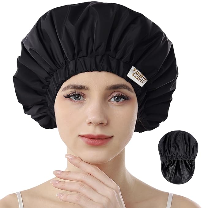 Years calm Reusable Waterproof Shower Caps for Women, Hair Caps for Showers, Double-Layer Elastic Design, for All Hairstyles, Travel-Friendly (black)