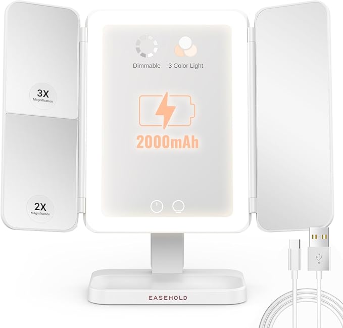 EASEHOLD Lighted Makeup Mirror, Rechargable Vanity Mirror with Magnification, 2X 3X, Trifold Makeup Mirror with Touch Control, 3 Color Dimmable LED Lights, Portable Make up Mirror, Gifts for Women